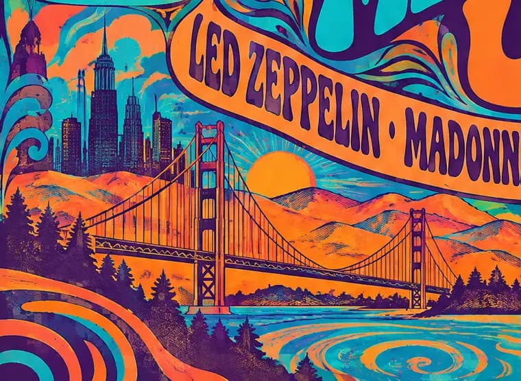 Close-up of a poster: the Golden Gate Bridge against orange hills and a setting sun, drawn in psychedelic line work