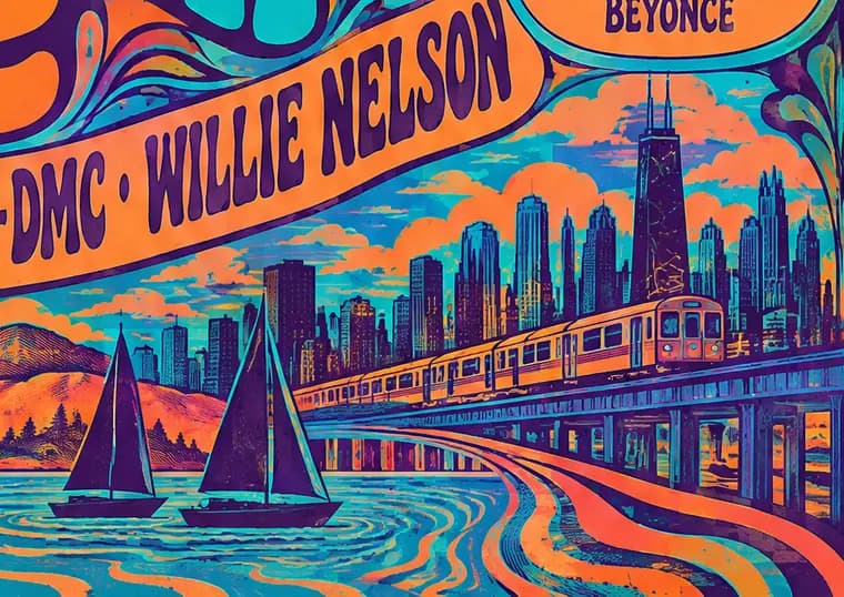 Close-up of a poster: the Chicago lakefront skyline with an elevated train curving past sailboats