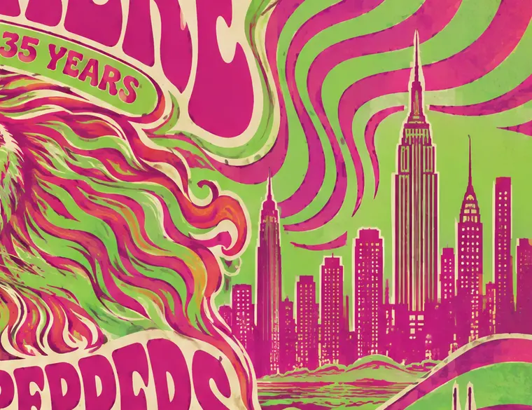 Close-up of a poster: the New York skyline with the Empire State Building, in magenta on acid green