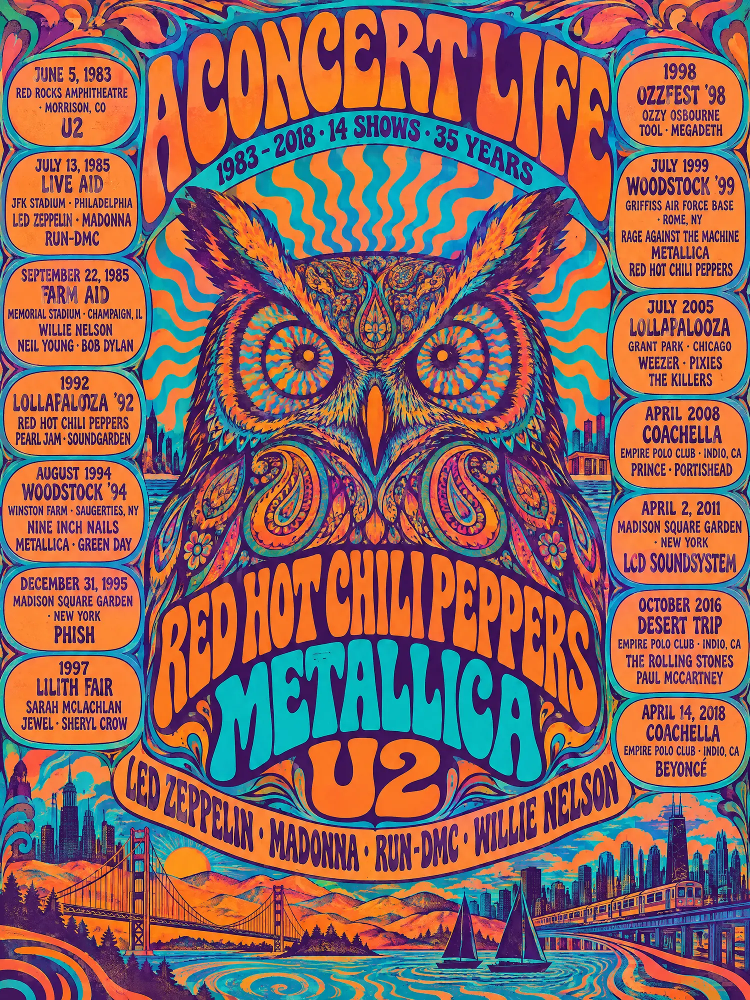 A Concert Life poster in the 1967 Fillmore style: a psychedelic owl in turquoise and tangerine, with Red Hot Chili Peppers, Metallica and U2 in giant lettering and fourteen shows from U2 at Red Rocks in 1983 to Beyoncé at Coachella in 2018 listed down both sides