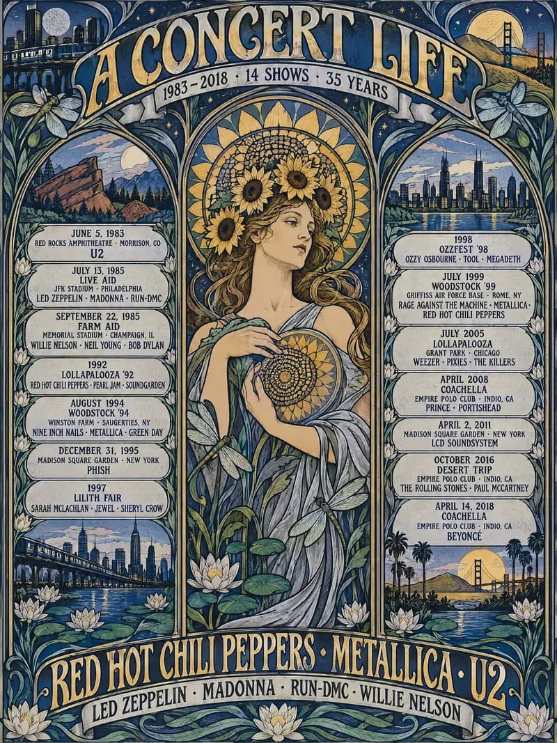 The same fourteen shows in midnight blue and silver, beside a woman crowned with sunflowers