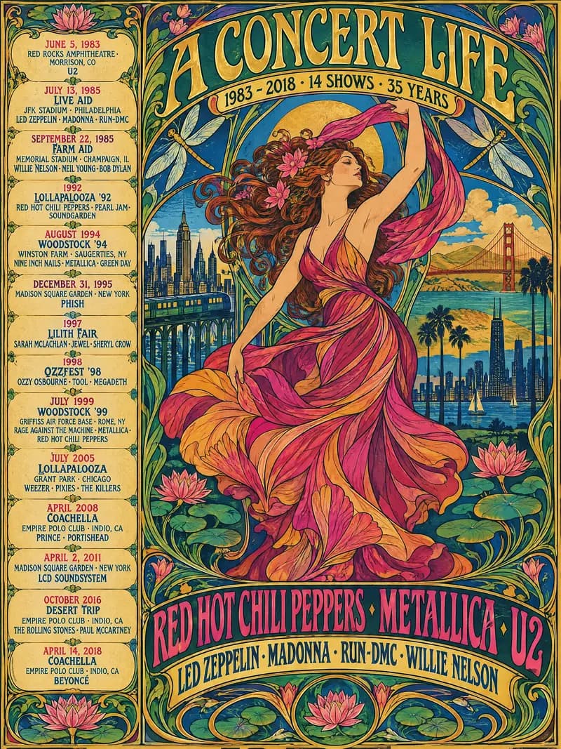 The same fourteen shows in jewel tones, beside a dancer in a flowing pink gown
