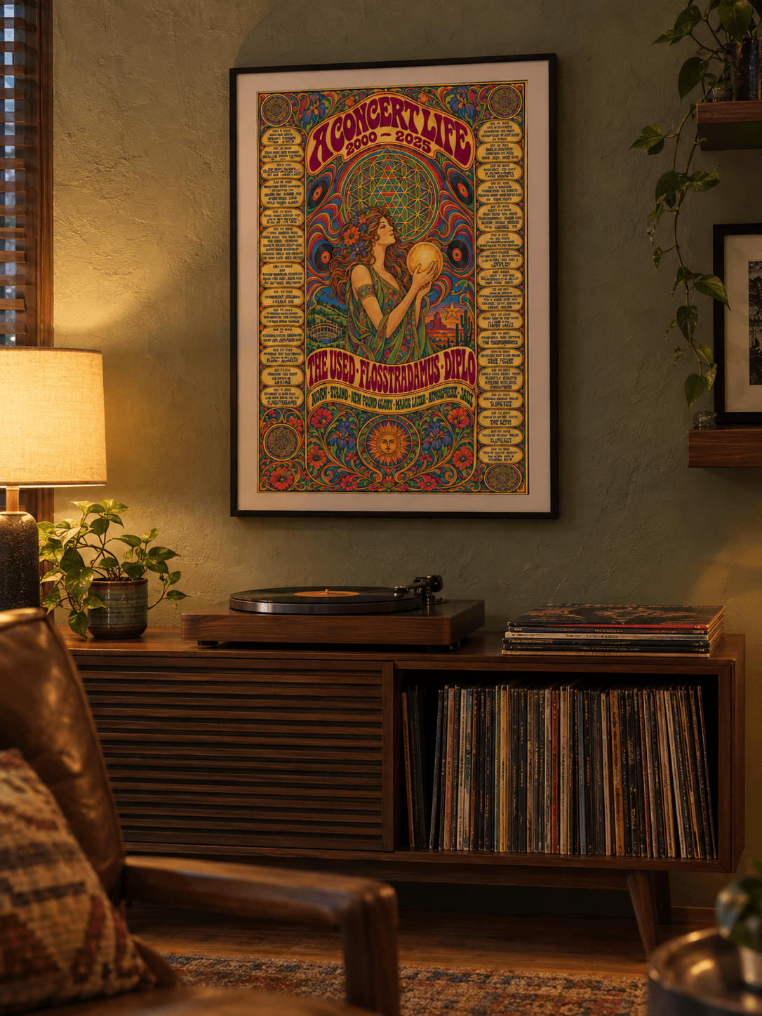 A framed A Concert Life poster hanging above a walnut record console with a turntable, in warm lamplight