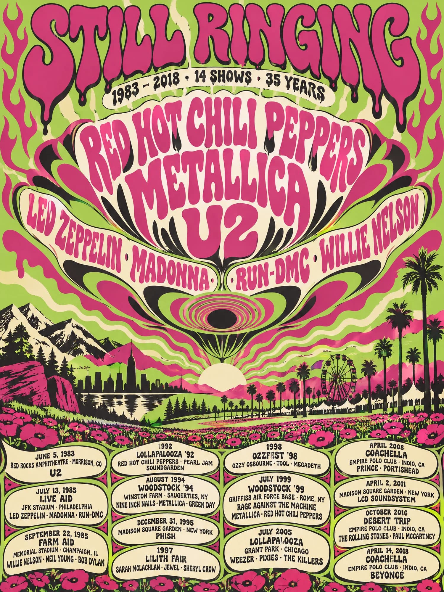Fillmore style poster titled Still Ringing: Red Hot Chili Peppers, Metallica and U2 in magenta and acid green above a psychedelic sunset