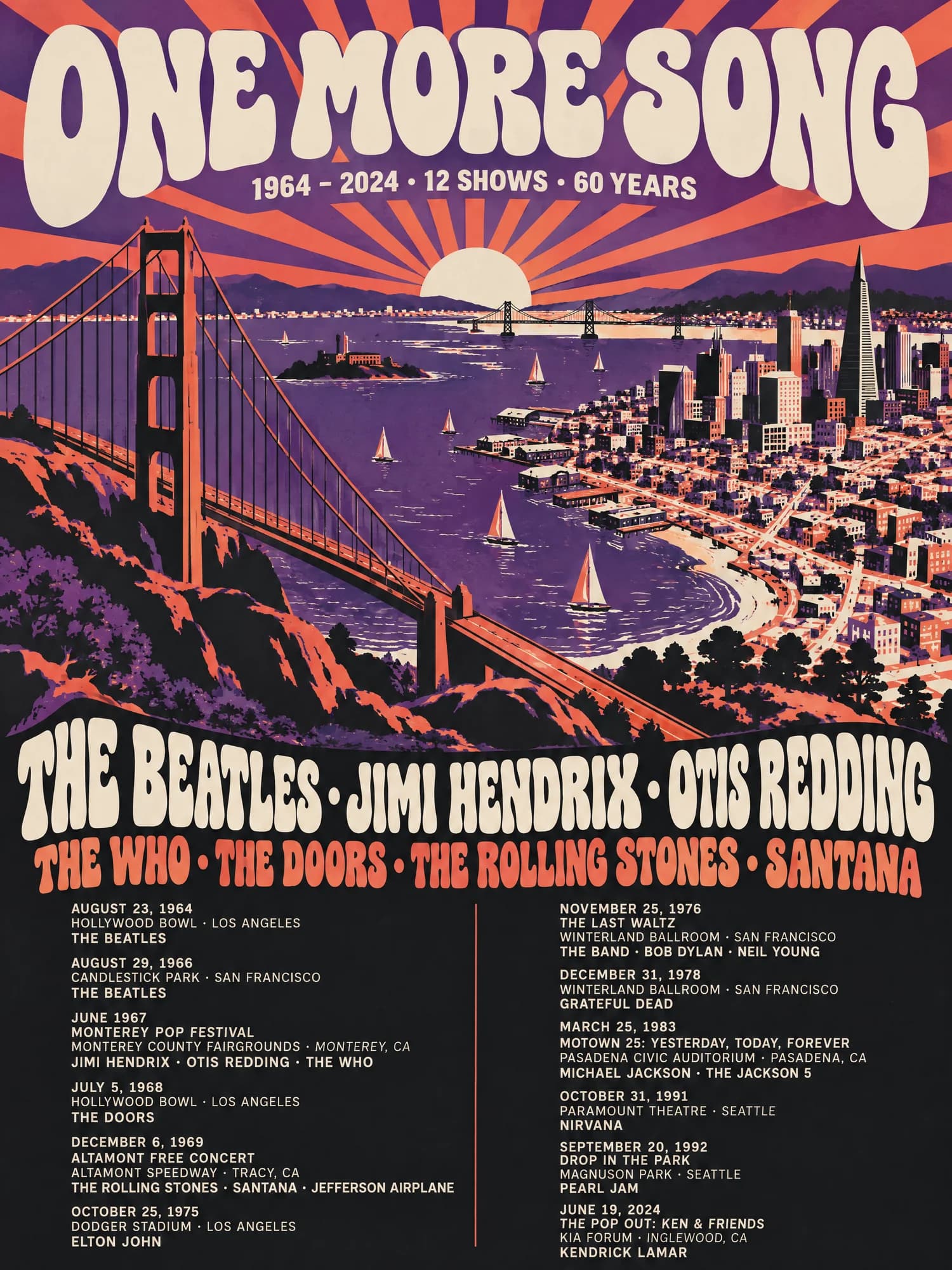 Modern gig poster titled One More Song: the Golden Gate Bridge at sunset in purple and orange, The Beatles, Jimi Hendrix and Otis Redding below