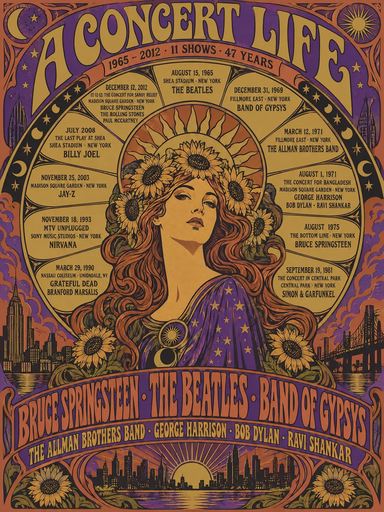 Art Nouveau poster titled A Concert Life: a woman crowned with sunflowers in violet and gold, Bruce Springsteen, The Beatles and Band of Gypsys beneath her