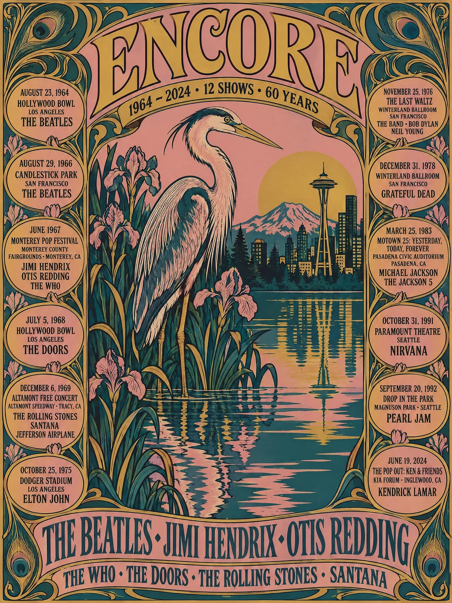 Art Nouveau poster titled Encore: a heron among irises with the Space Needle behind, The Beatles, Jimi Hendrix and Otis Redding along the bottom