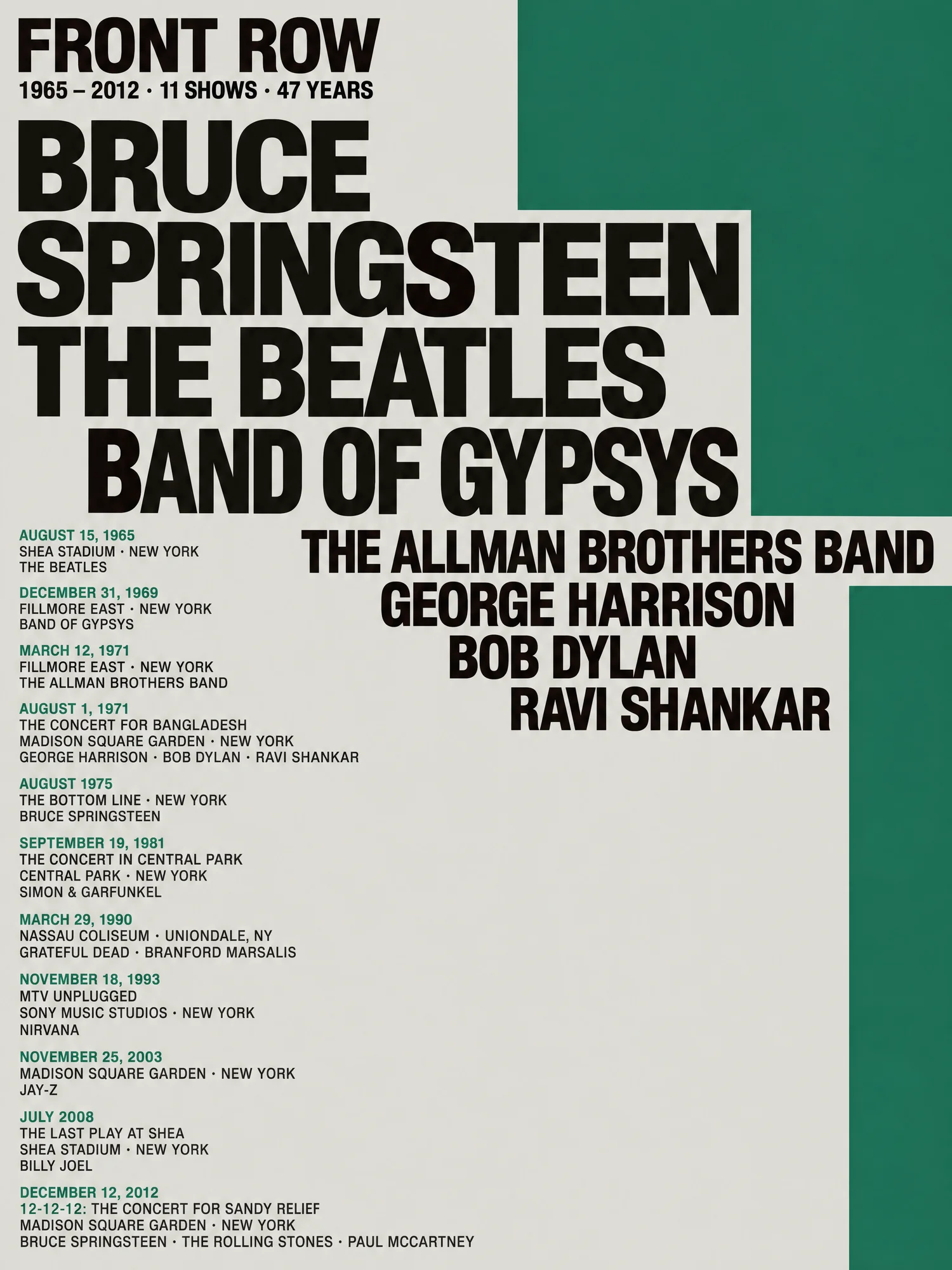 Swiss style poster titled Front Row: Bruce Springsteen, The Beatles and Band of Gypsys in stacked black type against a green block